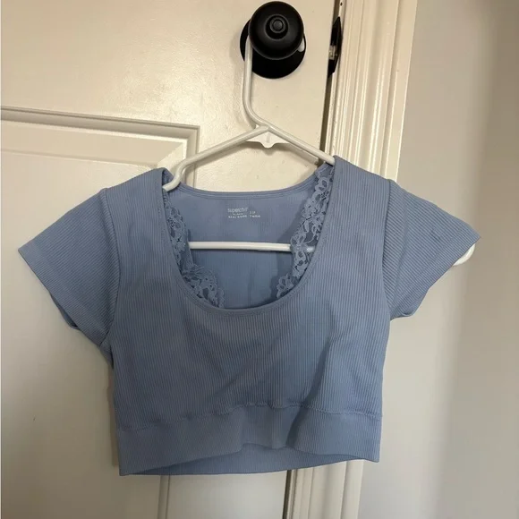 Aerie Pale Blue Cropped Top with Lace Detail - Picture 2 of 3